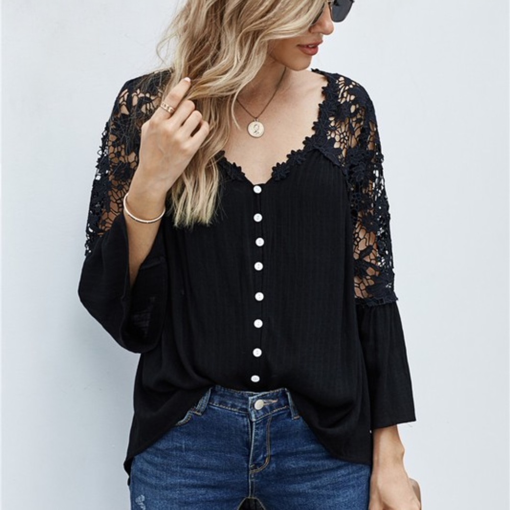 Boho Floral Embroidered Crochet Lace Button Up top - Picture 6 of 6